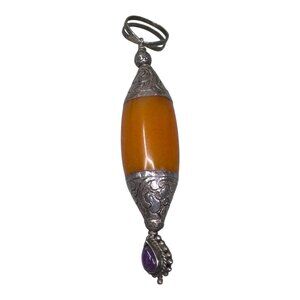 Vtg Amber Stone Pendant Statement LARGE 4" Ornate Silver Filigree Drop Artisan